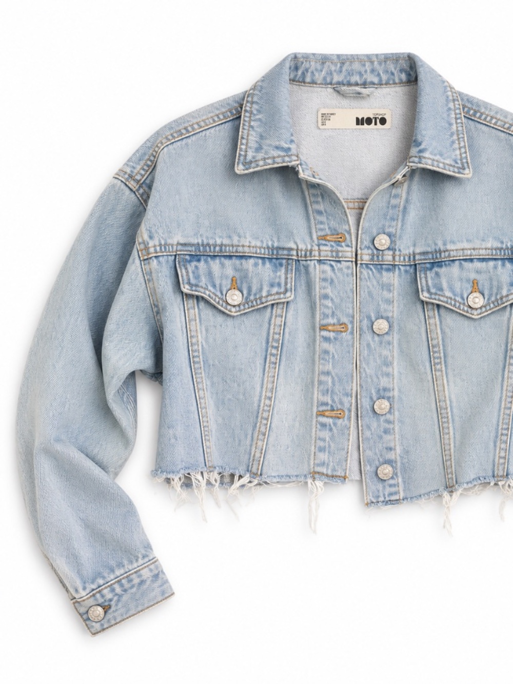Topshop MOTO Light Wash Cropped Raw Hem Denim Jacket US 4